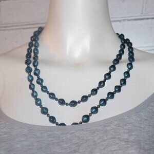 Vintage blue pearly beaded necklace 44"